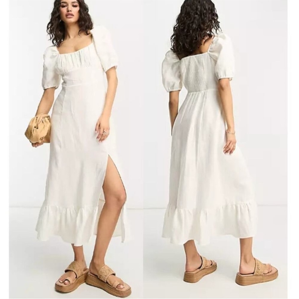 & Other Stories Exclusive 100% Linen Midi Dress Split Puff Sleeve White US 6